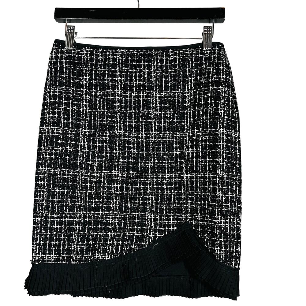 NEW! WHBM Tweed Offset Skirt Black Ruffle Pencil Straight - 0